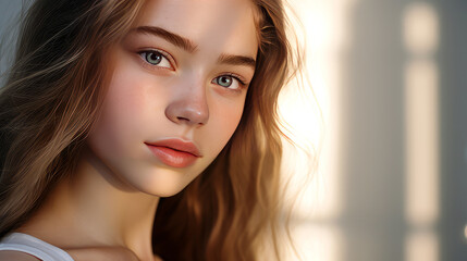 Naklejka premium Portrait of a serious aggressive teenage girl with perfect skin, silver background, banner.