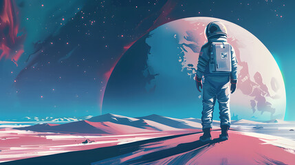 Obraz premium Astronauts stand on various stars,their suits reflecting the brilliance distant galaxies as they explore the vastness of outer space, embodying humanity's enduring quest for exploration and discovery