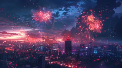 Vibrant Fireworks Exploding Over Minimalist Cityscape at Night