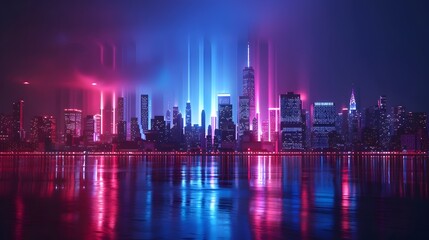 Vibrant Minimalist Cityscape with Colorful Nighttime Illumination