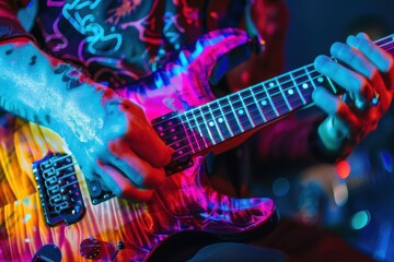 Naklejka premium Closeup of a Guitarist's Hand Playing an Electric Guitar in a Neon Light Show.