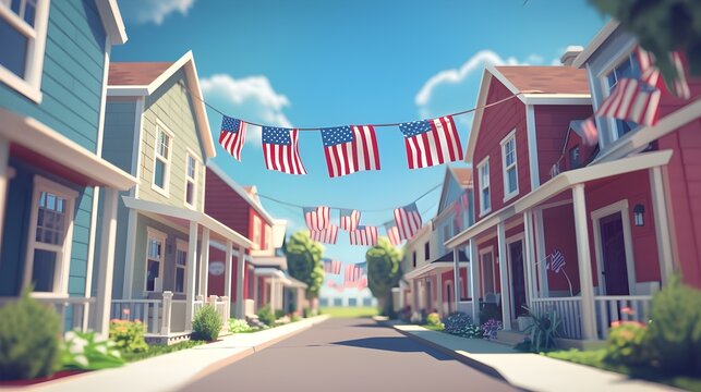 Vibrant Neighborhood Block Party with Waving American Flags