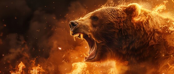 Obraz premium Grizzly bear roaring with fiery explosions illuminating the scene, symbolizing raw strength and dramatic fury