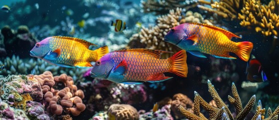 Fototapeta premium Group of parrotfish nibbling on coral in a vibrant reef ecosystem