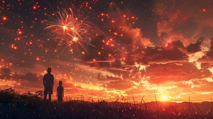 Fototapeta premium Family Enjoying Fireworks Display on Hilltop at Night