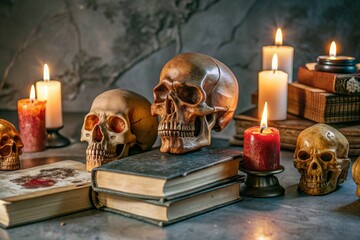 Spooky still life compositions with skulls, candles, and books