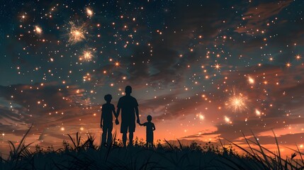 Fototapeta premium Family Watching Mesmerizing Fireworks Display on Hilltop at Night