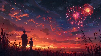 Fototapeta premium Family Watching Fireworks from a Hilltop in Peaceful Minimalist 3D Render
