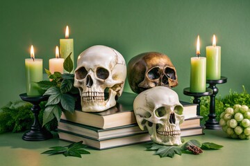 Spooky still life compositions with skulls, candles, and books