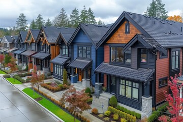 Naklejka premium Row of Modern Homes With Fall Foliage in a Suburban Neighborhood
