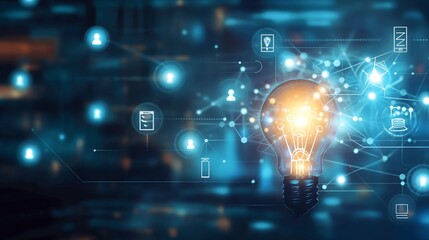 A virtual interface displaying project management icons interconnected with a digital network, with a bright light bulb at the center representing innovation and success.