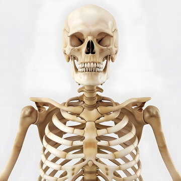 The image provides a detailed view of the human skeleton's upper section, emphasizing the skull and ribcage, It serves as an educational reference for identifying the names, locations