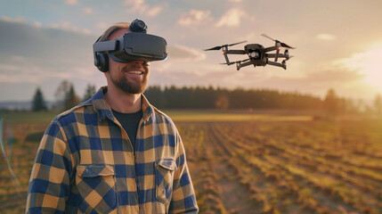 Agricultural specialist controls  drone with virtual reality glasses for spraying fertilizer and pesticide on a farming field. High technology innovations, Smart farming, Copy space
