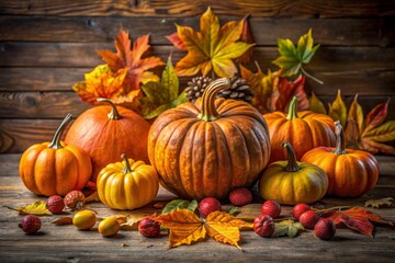 Still life with pumpkins and autumn leaves