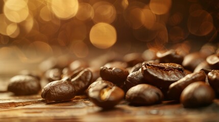 Close-up of roasted coffee beans on a wooden surface with golden bokeh lights, warm atmosphere. Coffee concept