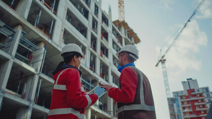Structural engineer and foreman discussing plans with touch pad at construction site, coordinating tasks for building project
