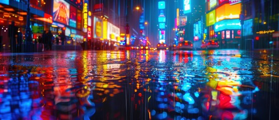 Obraz premium Higefinition background of a vibrant city street in the rain, with reflections and colorful lights, suitable for urban and dramatic themes