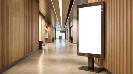 Blank smart kiosk mockup standing in a modern office building. Empty template of touch screen, self-service in modern hallway.