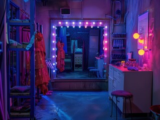Backstage Dressing Room with Pink and Blue Lighting.