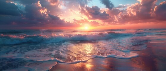 Higefinition image of a tranquil beach at sunrise, with calm waves and a colorful sky, great for morning and serene themes