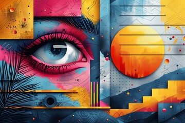 Abstract Digital Painting of an Eye With Geometric Shapes and a Sunset