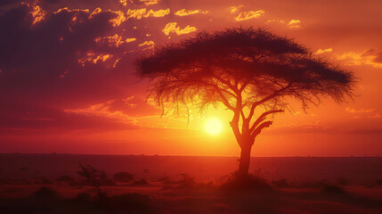 Silhouette of acacia tree in African awesome sunset landscape