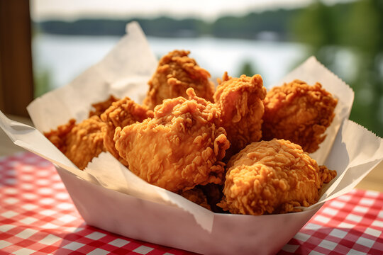 Pollo Frito delicioso y crujiente, comida americana con papas fritas.