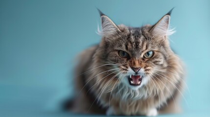 Norwegian Forest Cat, angry cat baring its teeth, studio lighting pastel background