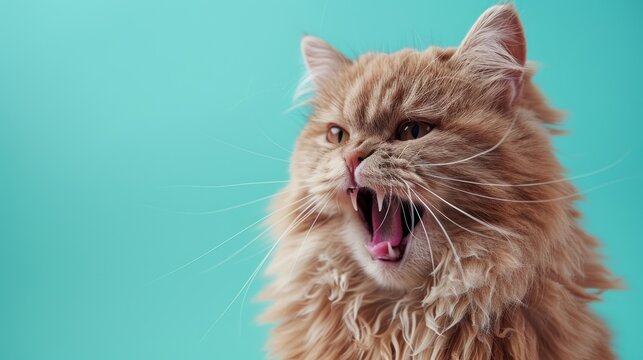 Ragamuffin, angry cat baring its teeth, studio lighting pastel background