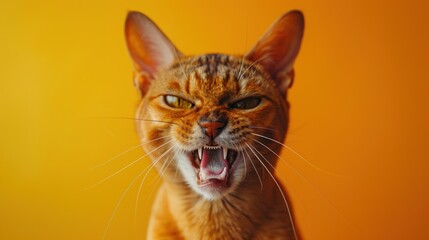 Singapura, angry cat baring its teeth, studio lighting pastel background