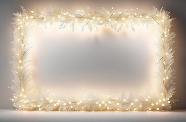 Festive frame made of fluffy Christmas tree garland with glowing yellow bulbs on white background with place for text in center, template for Happy New Year greeting card, banner layout, copy space