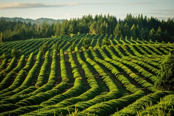 Fototapeta premium Christmas Tree Field. Rows of Perfectly Aligned Douglas Fir Trees in Lush Green Forest Setting