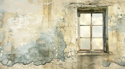 Vintage farmhouse window and damaged wall