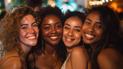 Fototapeta premium Portrait of happy girlfriends having fun at a party at night. Four friends spend time together, walk. Concept of walking, fun.