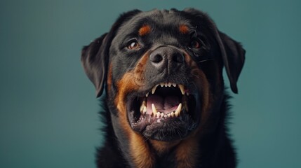 Rottweiler, angry dog baring its teeth, studio lighting pastel background