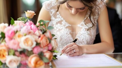 A bride signing her marriage certificate at a wedding ceremony, with a beautiful bouquet of pink and peach roses in the foreground. Focus on the signature moment.