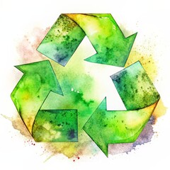 Watercolor Recycle Symbol with Green and Yellow Splashes - A watercolor painting depicting the universal recycling symbol with green and yellow accents.