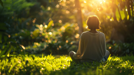 A beautiful woman enjoys nature in a green meadow in the rays of sunset. Peaceful woman practicing meditation outdoors. Nature concept. Lifestyle.