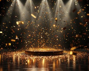 Golden confetti shower, spotlight on stage, empty room, night setting, festive ambiance, mockup for award ceremonies, jubilees, New Years parties, product reveals