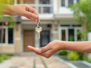 Close-up of realtor hand handing house keys to buyers on cottage background. Real estate transaction concept.