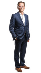 Middle-aged White businessman, wearing a navy blue suit and brown shoes. full body portrait Isolated white transparent background