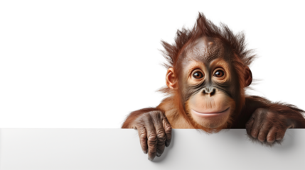 Close up of an orangutan holding a white boardisolated on transparent background. 
