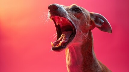 Whippet, angry dog baring its teeth, studio lighting pastel background