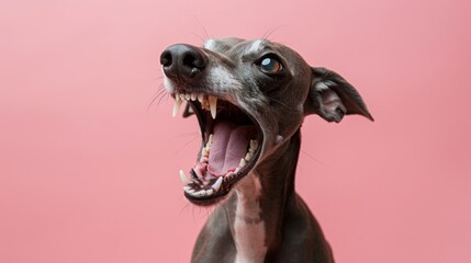 Whippet, angry dog baring its teeth, studio lighting pastel background