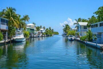 Obraz premium The Florida Keys: Waterfront Homes and Boats in Marathon Key, Beachfront Living in Paradise