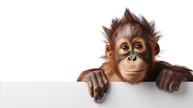 Close up of an orangutan holding a white boardisolated on transparent background. 