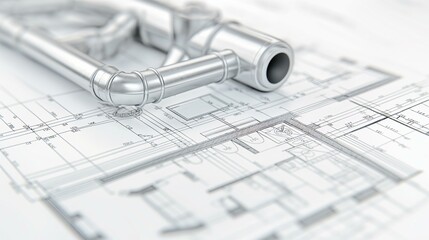 Architectural Blueprint with Plumbing Pipes for Emergency Plumber Service and Leak Repair