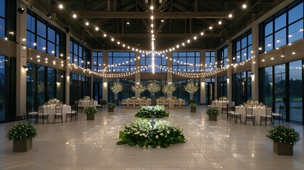 Twinkling Lights and Greenery Transform a Spacious Event Hall