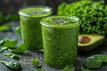 A healthy green smoothie in a glass jar, made with spinach, kale, banana, and avocado, topped with chia seeds.