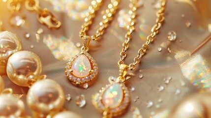An elegant jewelry set featuring opal pendants and pearl accents glistens on a luxurious surface